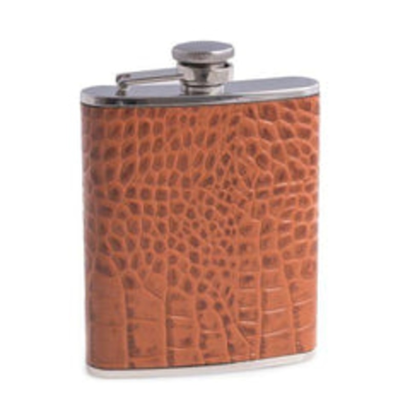 Bey Berk 6 Oz. Stainless Steel Brown Croco Leather Flask