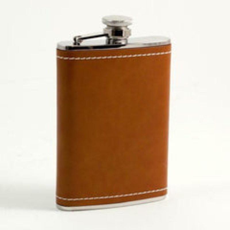 Bey Berk 8 Oz. Saddle Brown Leather & White Stitch Flask