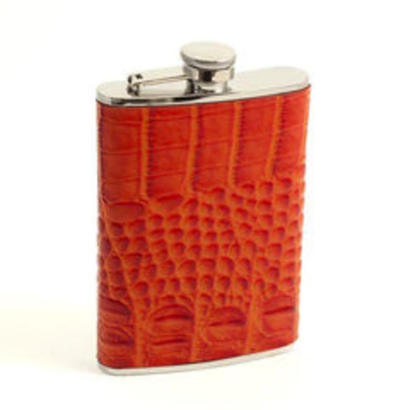 Bey Berk 8 Oz. Stainless Steel Orange Croco Leather Flask