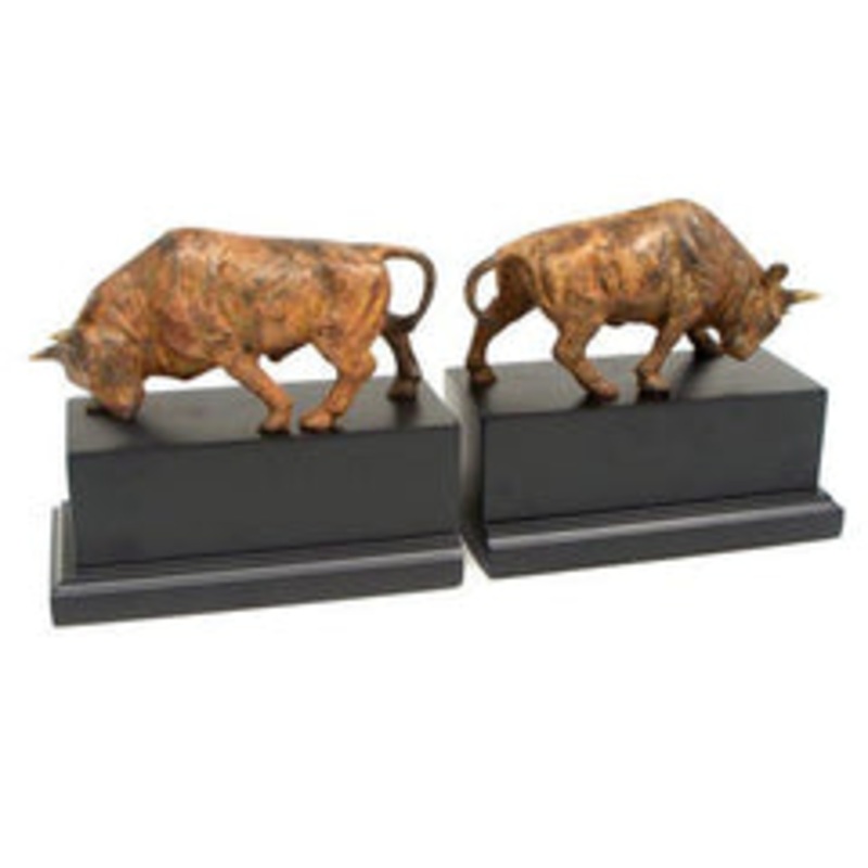 Bey Berk Brass Double Bull Bookends On Black Wood Base