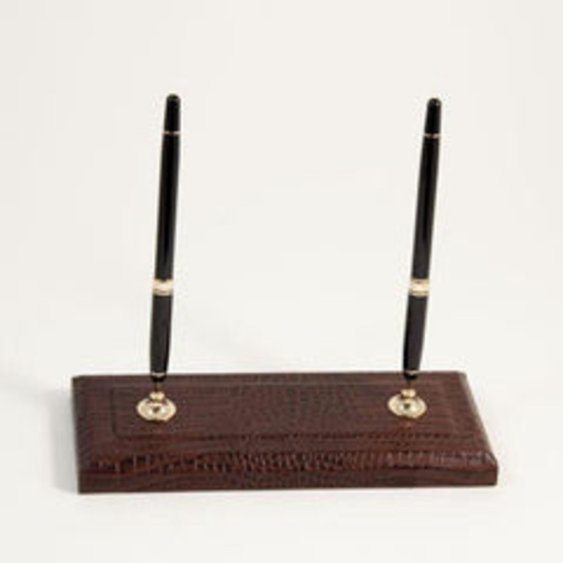 Bey Berk Brown Croco Leather Double Pen Stand
