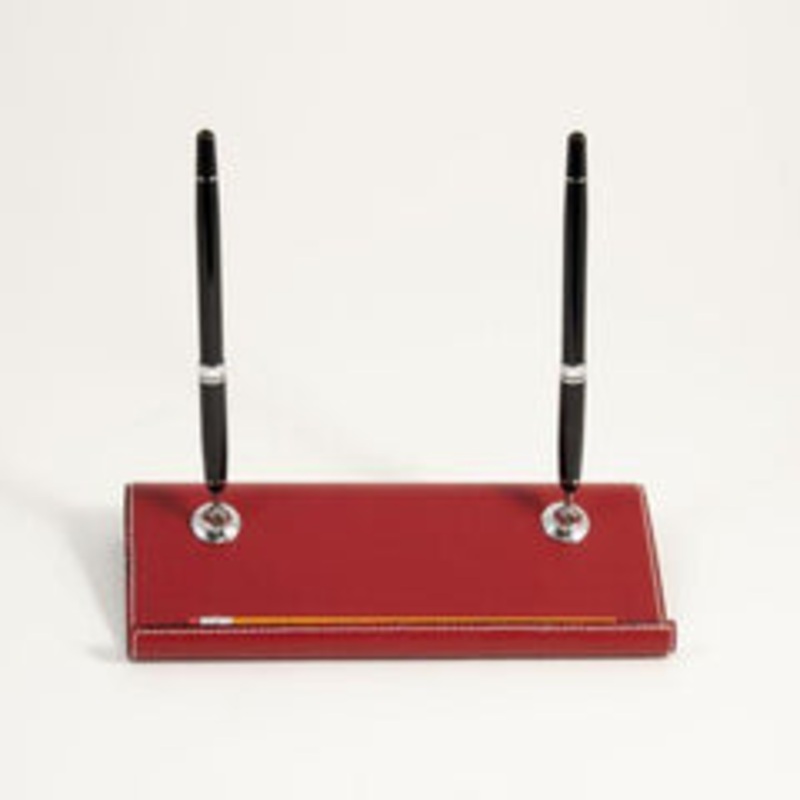 Bey Berk Red Leather Double Pen Stand With Chrome Accents