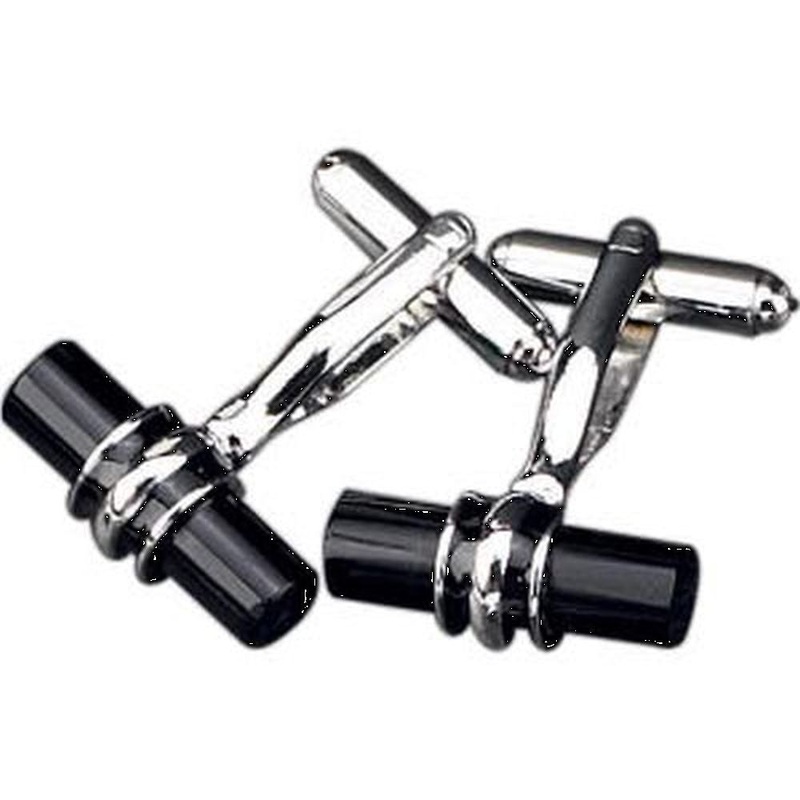 Bey Berk Rhodium Plated Round ‘Black’ Bar Cufflinks