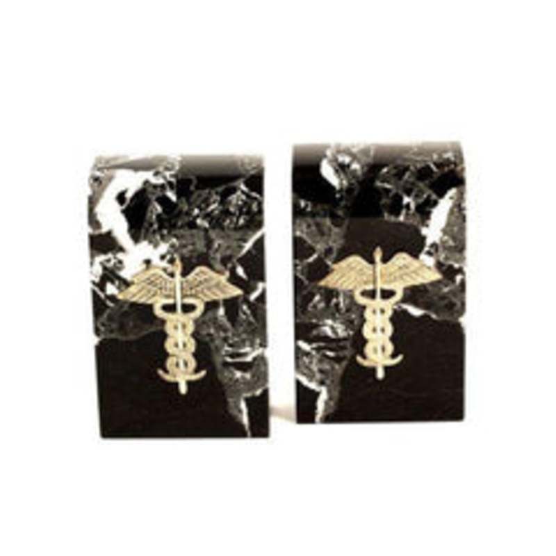 Black Zebra Medical Marble Bookends, Gold Plated Emblem