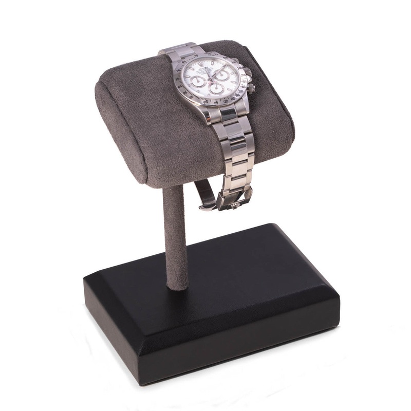 Matte Black Single Watch Display Stand w/ Grey Suede Cushion