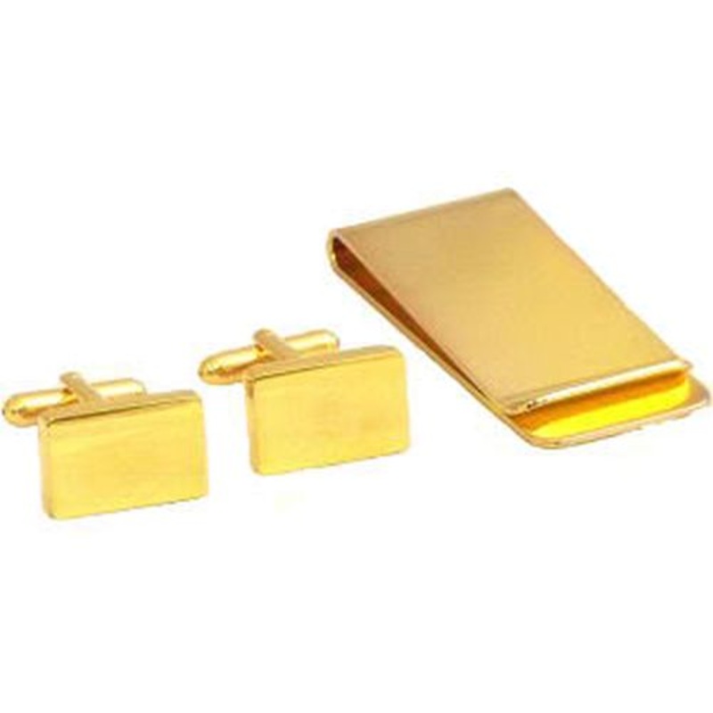 Rectangular Design Cufflinks & Money Clip Set, Gold Plated