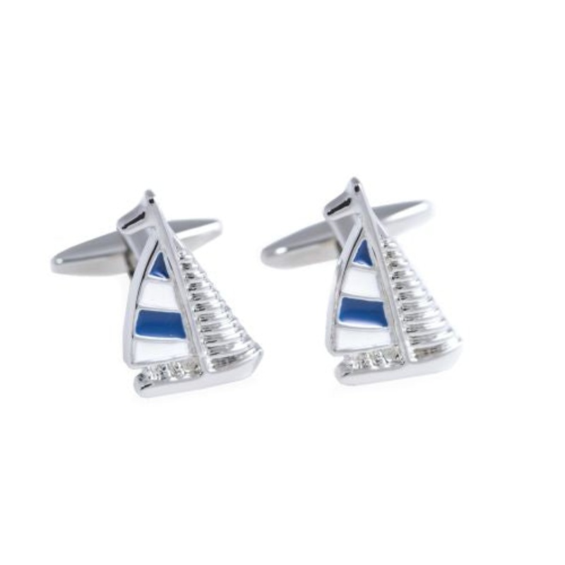 Rhodium Plated Blue & White Sail Boat Design Cufflinks