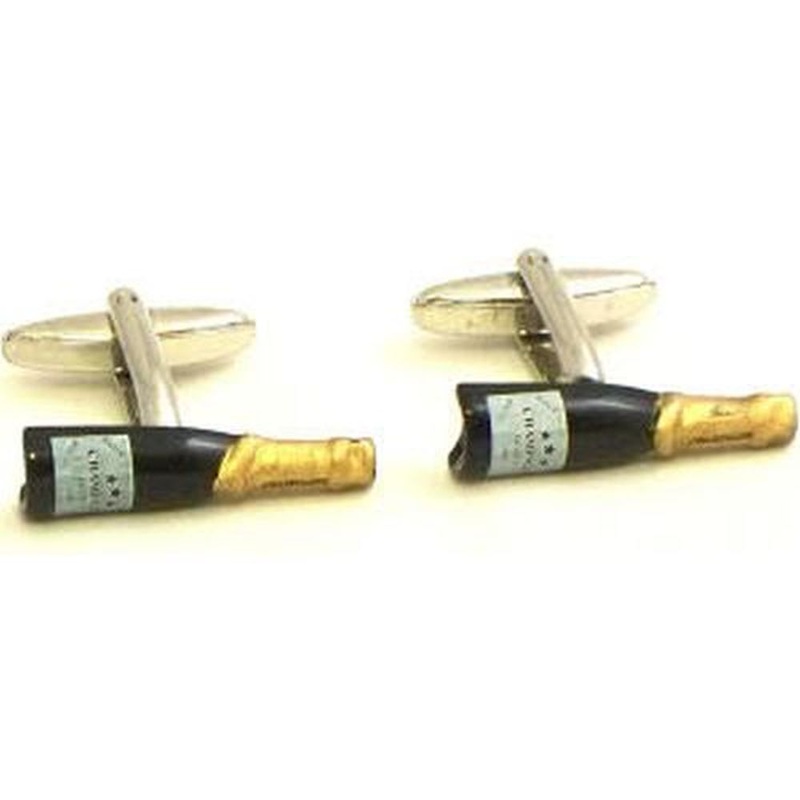 Rhodium Plated Champagne Bottle Design Cufflink With Gold