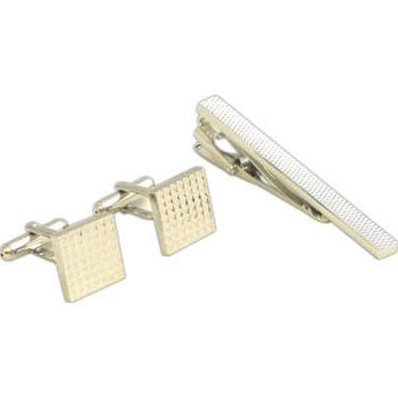Rhodium Plated Checkered Design Cufflinks & Tie Pin Set