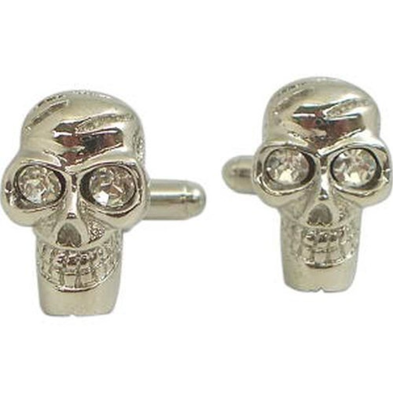 Rhodium Plated Scull Design Cufflink With Crystal Accents