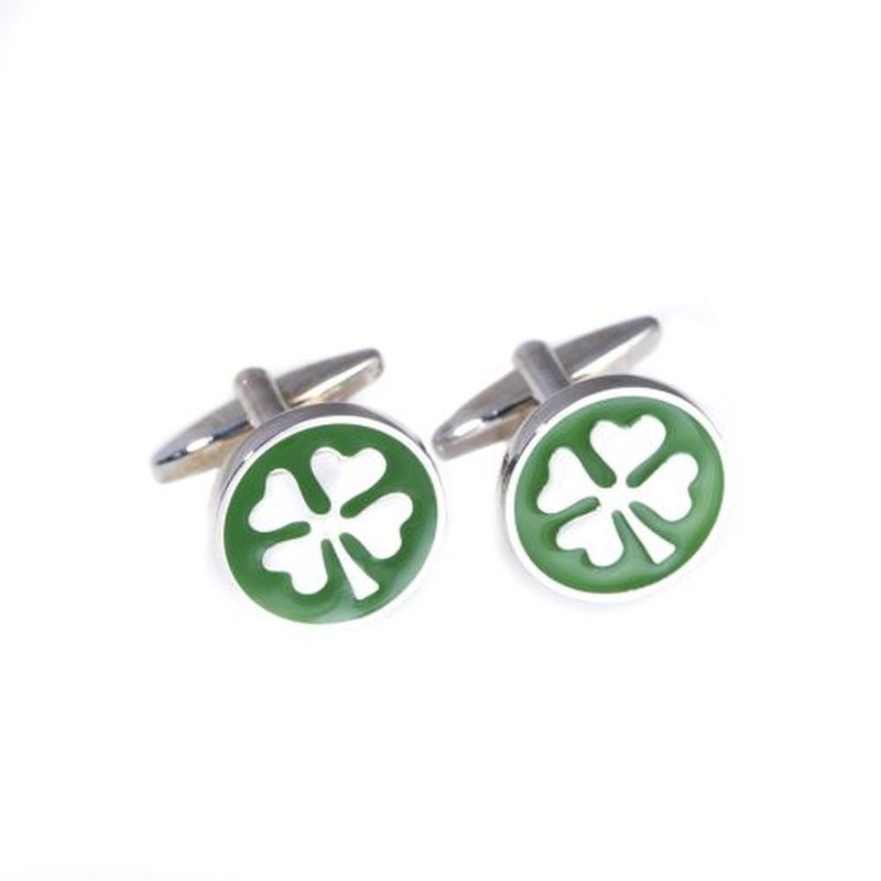 Rhodium Plated With Green Enamel Four Leaf Clover Cufflinks