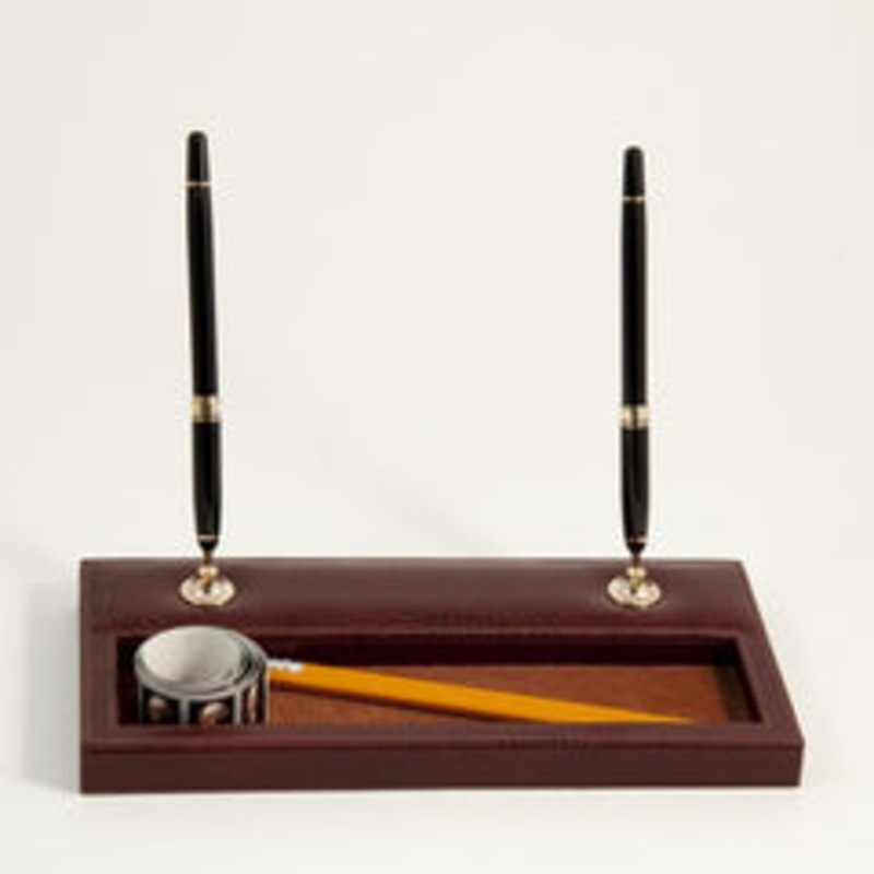 Tan Leather Double Pen Stand With Gold Plated Accents