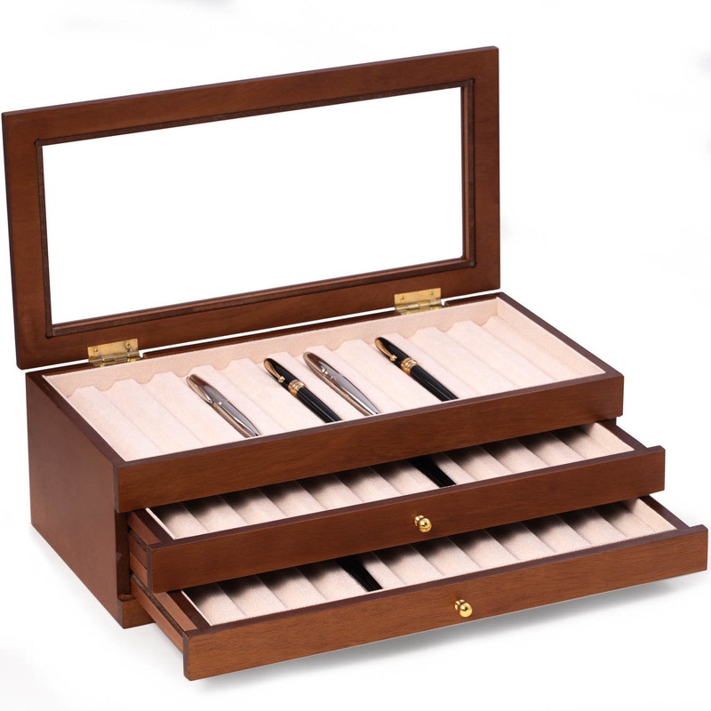Three Level Cherry Wood 36 Pen Storage Case With Glass Top