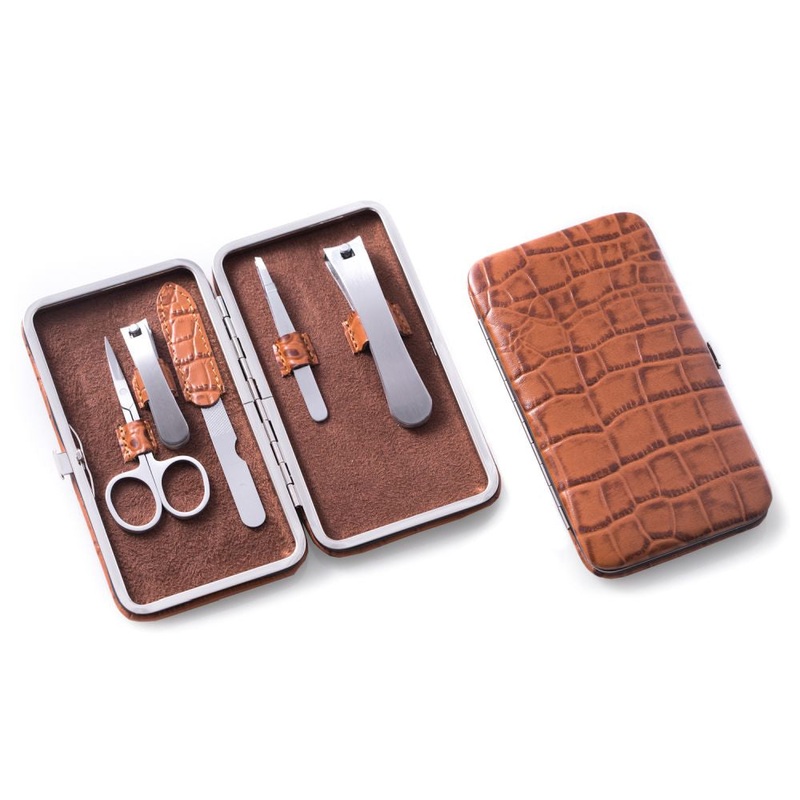 5 Piece Manicure Set In Brown Leather With Crocodile Case