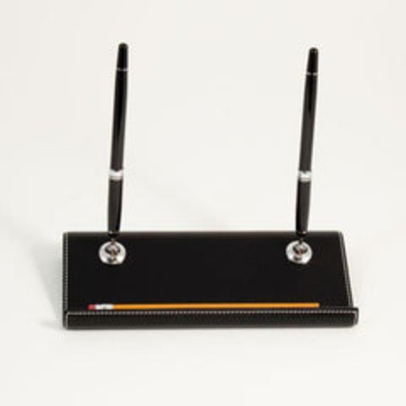 Bey Berk Black Leather Double Pen Stand With Chrome Accents
