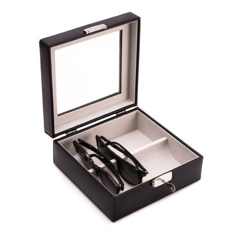 Bey Berk Black Leather Multi Eyeglass Case With Glass Top