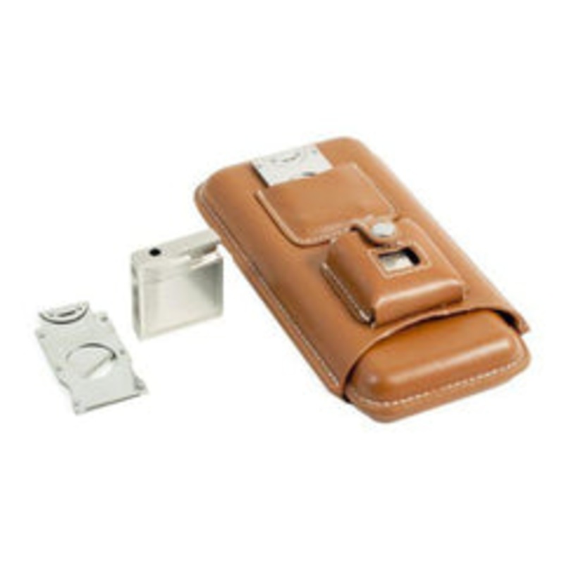 Bey Berk Brown Leather 3 Cigar Holder With Cutter & Lighter