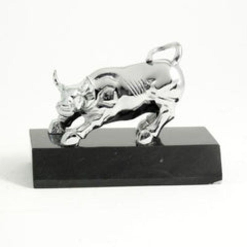 Bey Berk Chrome Plated Bull Sculpture On Black Marble Base