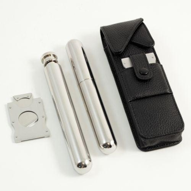 Bey Berk Stainless Steel 2 Oz. Flask, Cigar Tube & Cutter