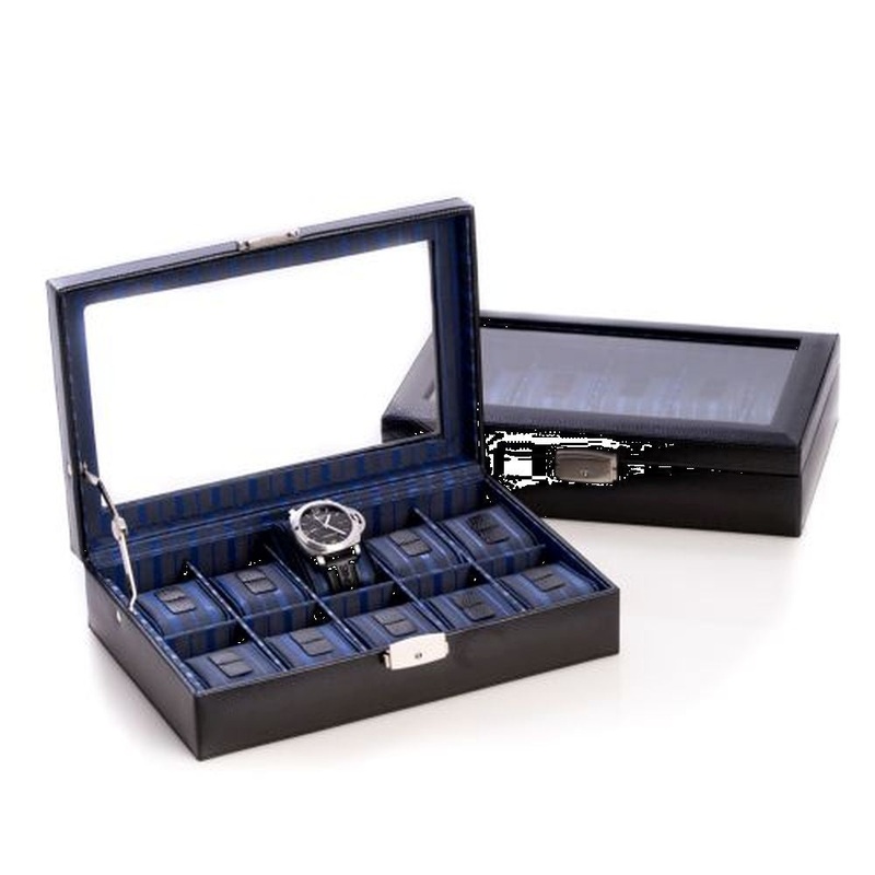 Black Leather 10 Watch Case With Glass Top & Locking Clasp