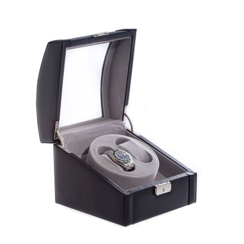Black Leather 2 Watch Winder With Glass Top & Locking Clasp