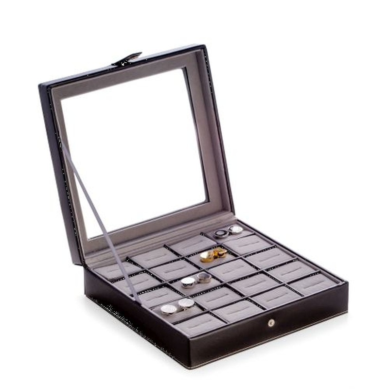 Black Leather 20 Cufflink Box With Glass Top & Snap Closure