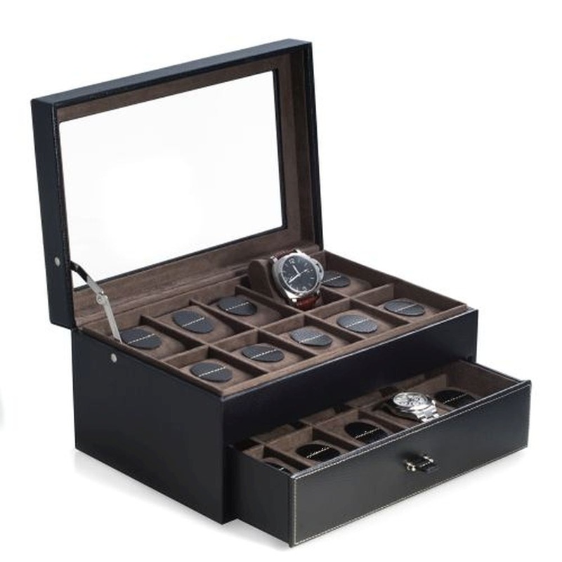 Black Leather 20 Watch Case With Glass See-Thru Top & Drawer