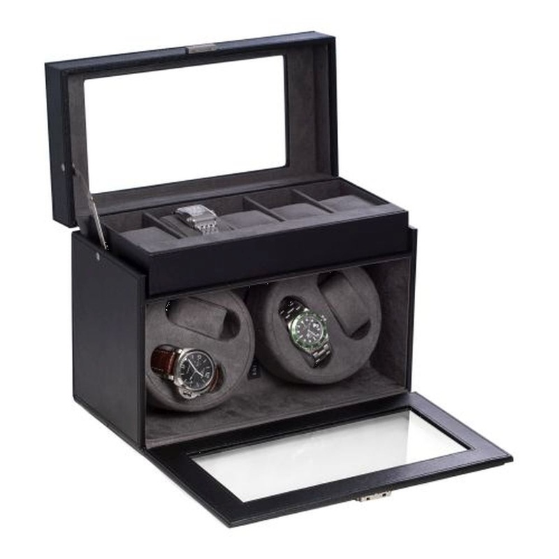Black Leather Four Watch Winder & 5 Watch Storage Case