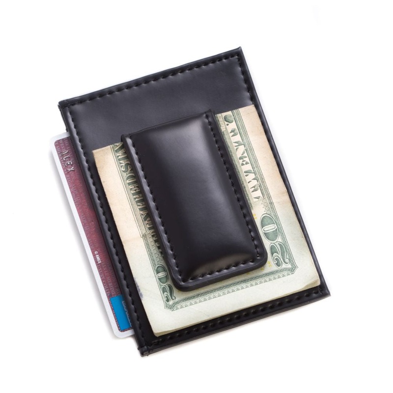 Black Leather Magnetic Money Clip & Wallet With Id Window
