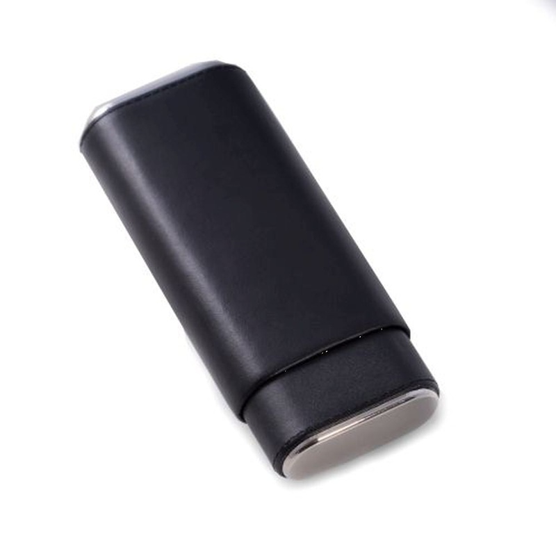 Black Leather With Chrome Accent Telescoping 3 Cigar Holder