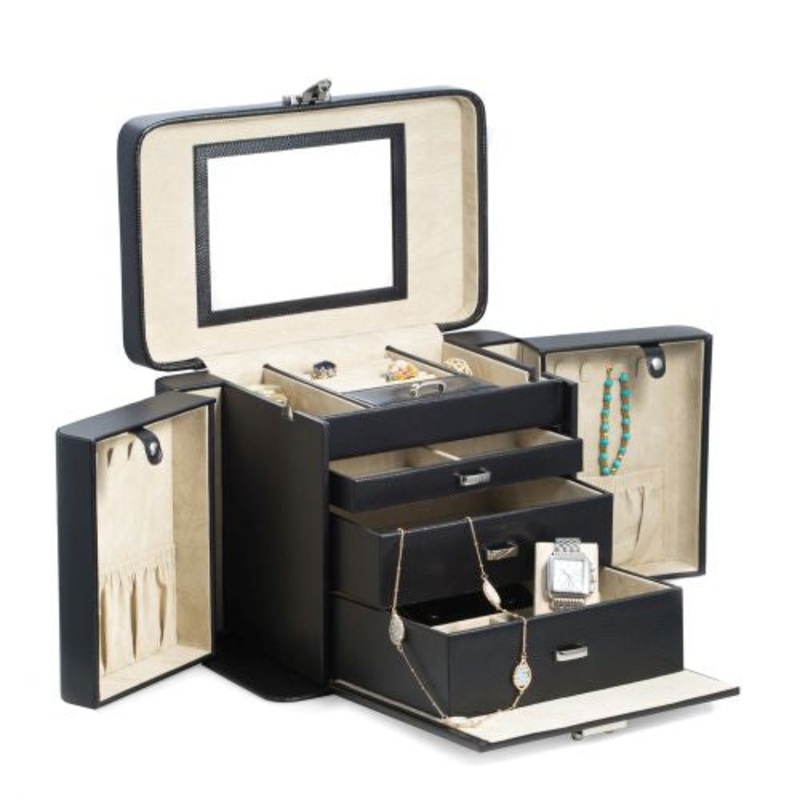 Black Lizard Leather 4 Level Jewelry Box With Travel Pouch