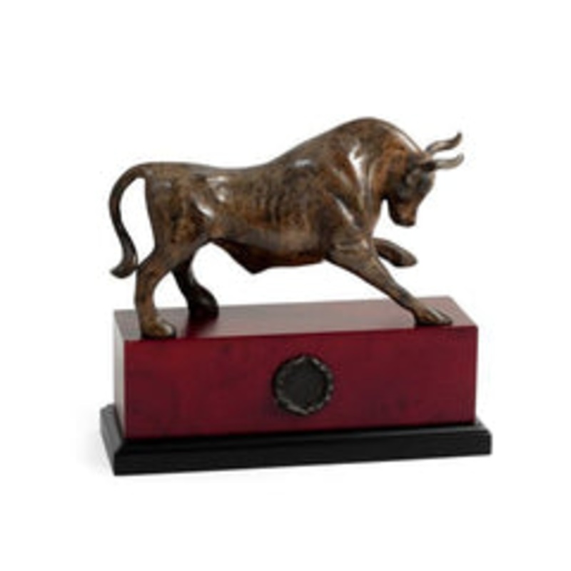 Brass Bull Sculpture With Flamed Patina Finish On Wood Base