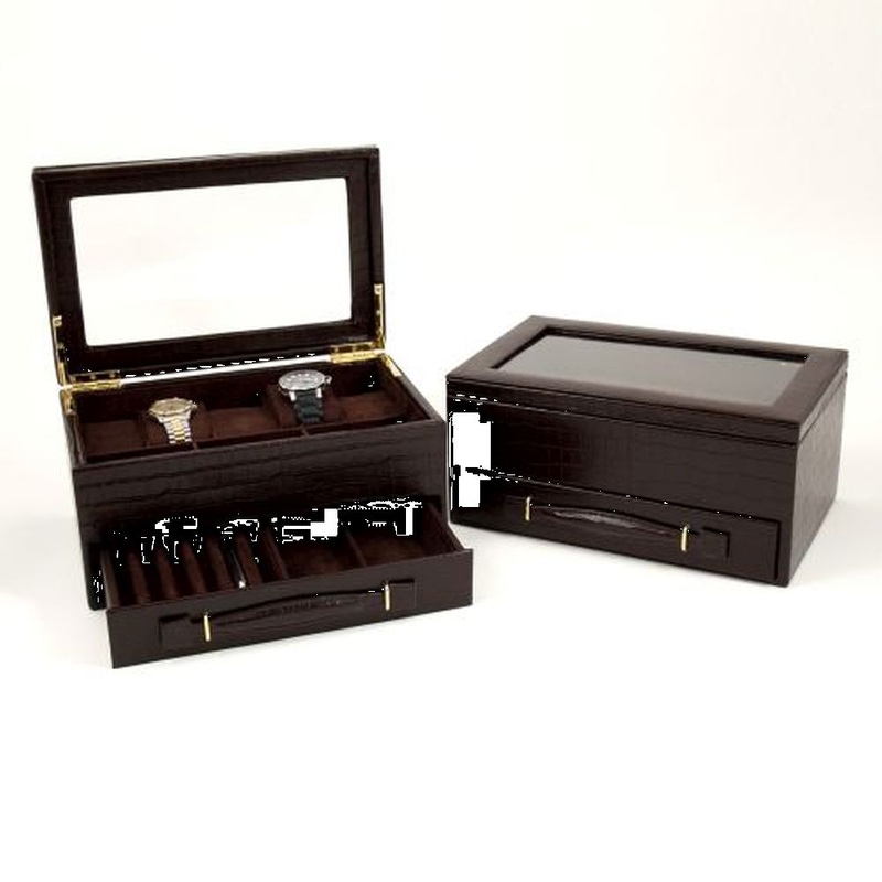 Brown Croco Leather 5 Watch Box With Drawer & Glass Top