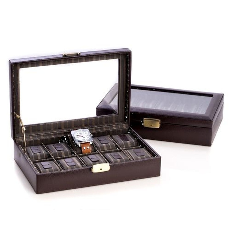 Brown Leather 10 Watch Case With Glass Top & Locking Clasp