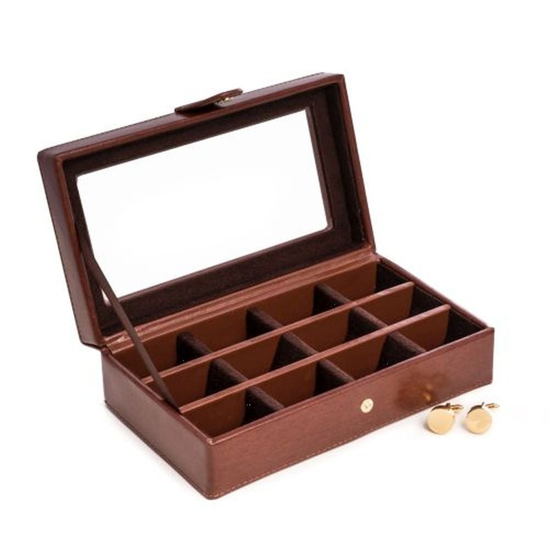 Brown Leather 12 Cufflink Box With Glass Top, Velour Lined