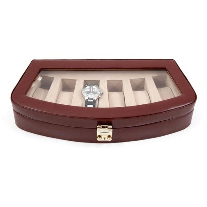 Brown Leather 6 Watch Case With Glass Top & Locking Clasp