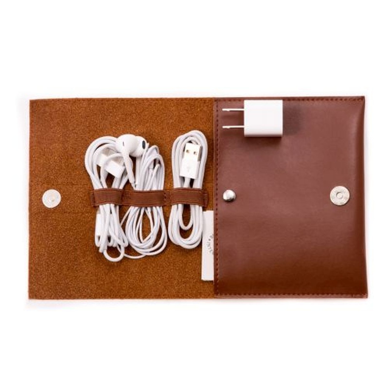 Brown Leatherette Travel Charger Case & Accessories Pouch