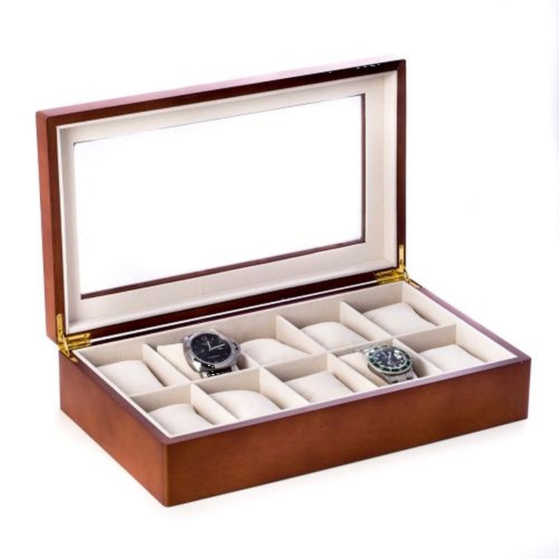Cherry Wood 10 Watch Box With Glass Top & Velour Lining
