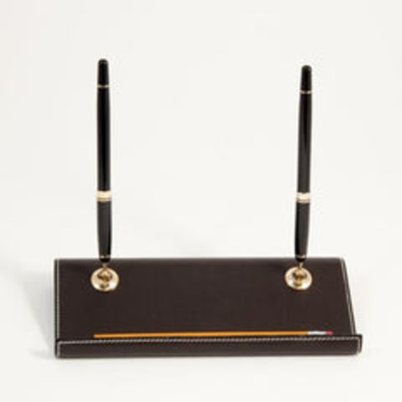 Coco Brown Leather Double Pen Stand With Gold Plated Accents
