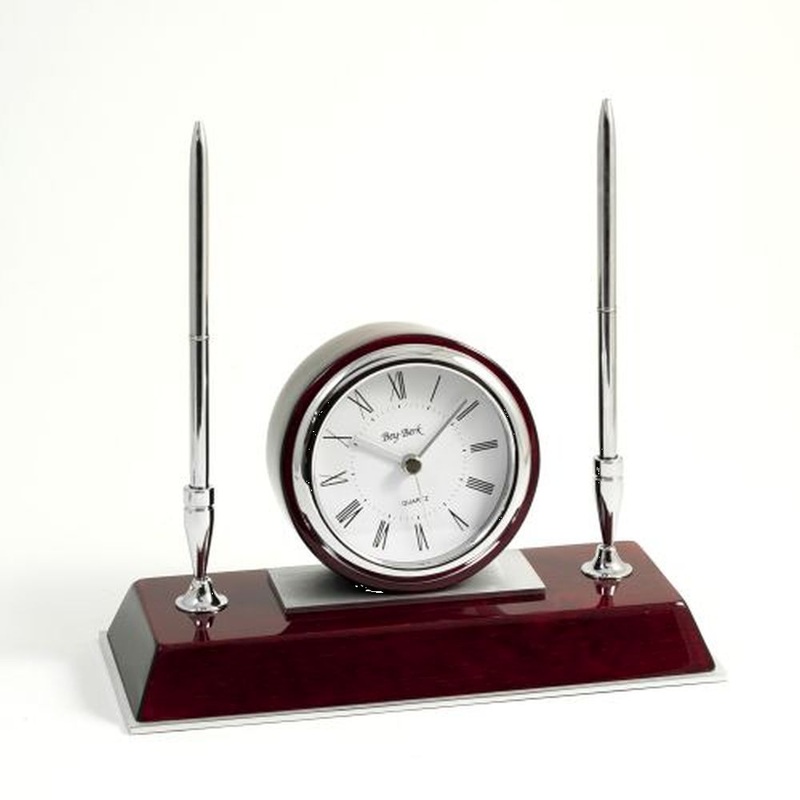 Dresden, Lacquered Rosewood Desk Clock & 2 Pens