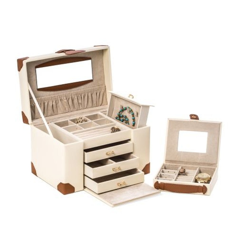 Ivory Leather 4 Level Multi Compartment Jewelry Box