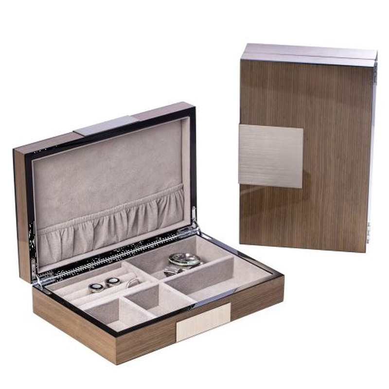 Lacquered  Ash Wood Valet Box With Stainless Steel Accents