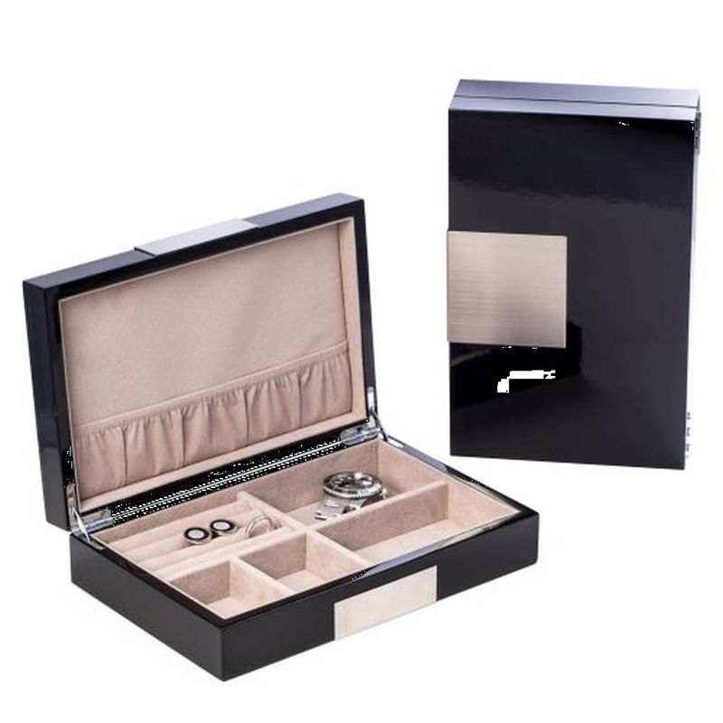 Lacquered Black Wood Valet Box With Stainless Steel Accent