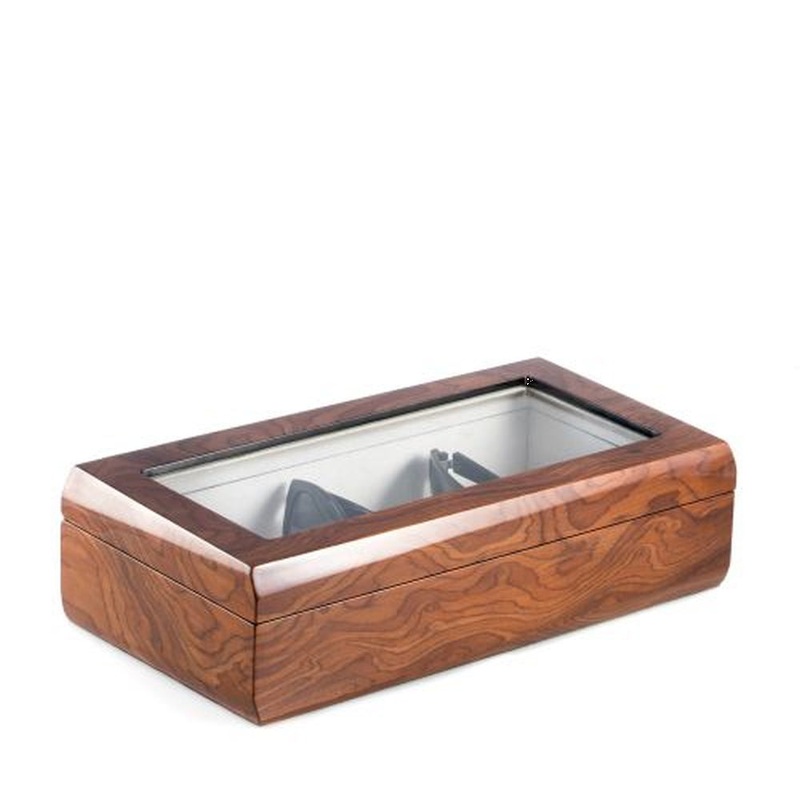 Lacquered Brown Burl Wood Multi Eyeglass Case, Velour Lined