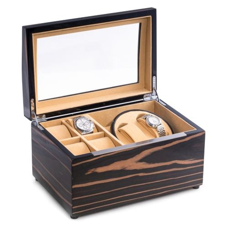 Lacquered Ebony Burl Wood 2 Watch Winder With Storage