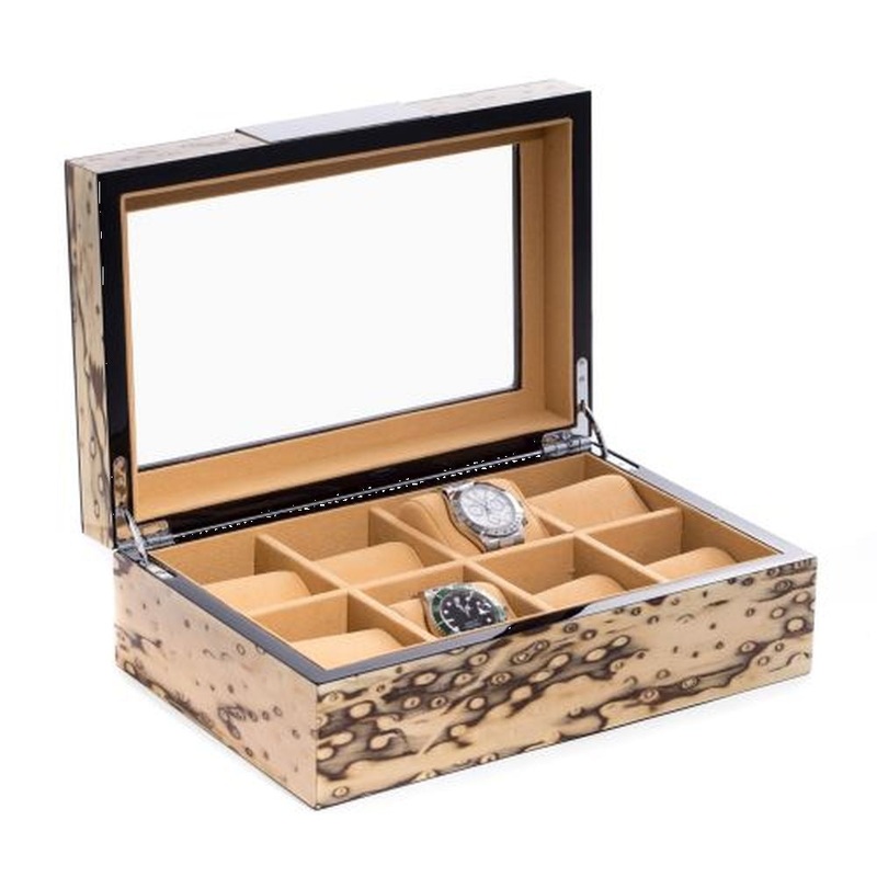 Lacquered Exotic Ice Burl Wood 8 Watch Case With Glass Top