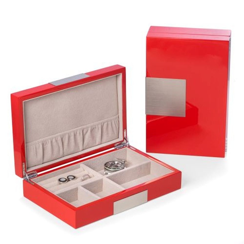 Lacquered  Red Wood Valet Box With Stainless Steel Accents