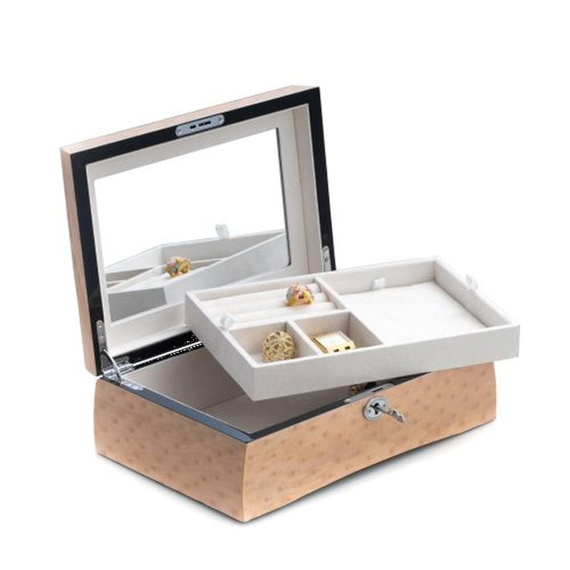 Lacquered Salmon Burl Wood Jewelry Box With Removable Tray