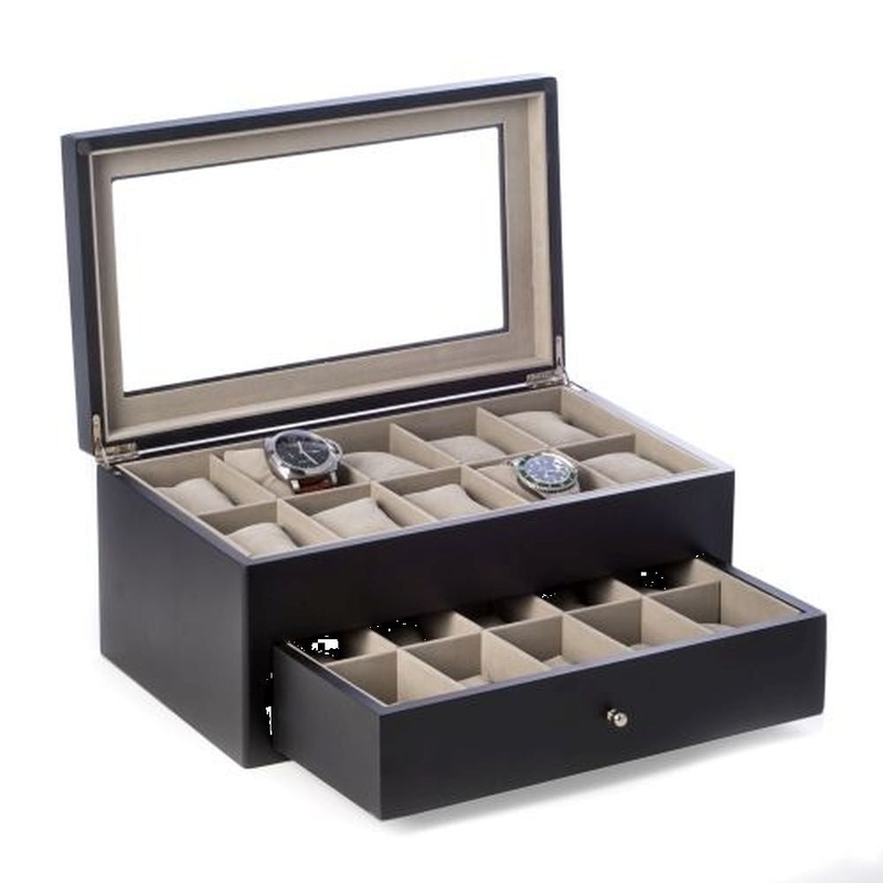 Matte Black Wood 20 Watch Box With Glass Top & Drawer