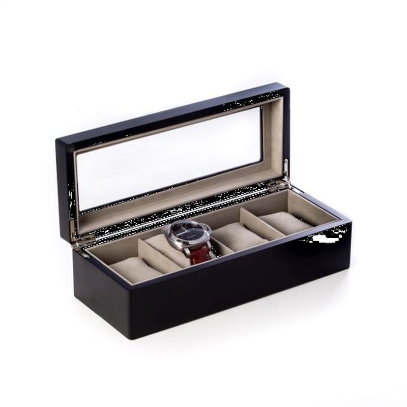 Matte Black Wood 4 Watch Box With Glass Top & Velour Lining